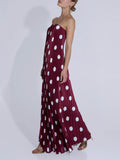 Elegant Strapless Polka Dot Print Pleated Maxi Dress