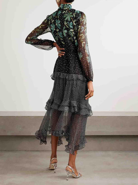 Aurohaya Exquisite Polka Dot Floral Print Ruffled Midi Dress