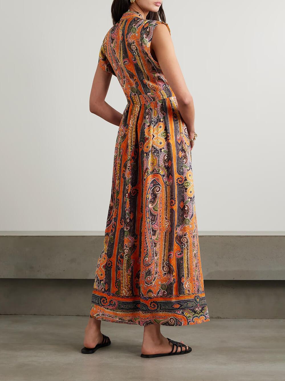 Aurohaya Delicate Belted Paisley Print Satin Maxi Dress