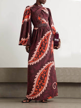 Unique Vintage Paisley Print Satin Belted Maxi Dress
