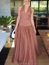 Aurohaya Chic Polka Dot Print V-Neck Halter Tie-Neck Maxi Dress Burgundy