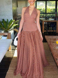 Chic Polka Dot Print V-Neck Halter Tie-Neck Maxi Dress