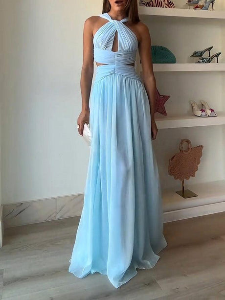 Aurohaya Elegant Halter Twist Front Cutout Pleated Maxi Dress