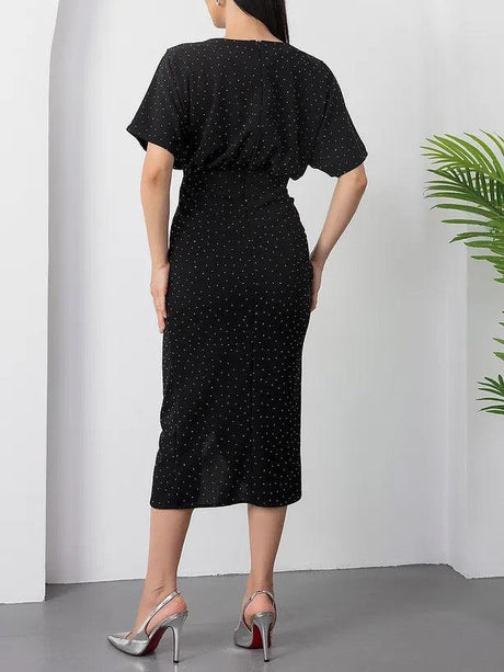 Aurohaya Elegant Round Neck Silver Polka Dot Print Slit Dress