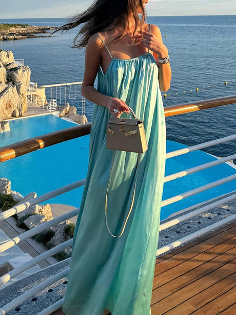 Aurohaya Elegant Satin Backless Slip Maxi Dress
