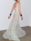Aurohaya Elegant Polka Dot Print V-Neck Spaghetti Strap Flounce Hem Maxi Dress