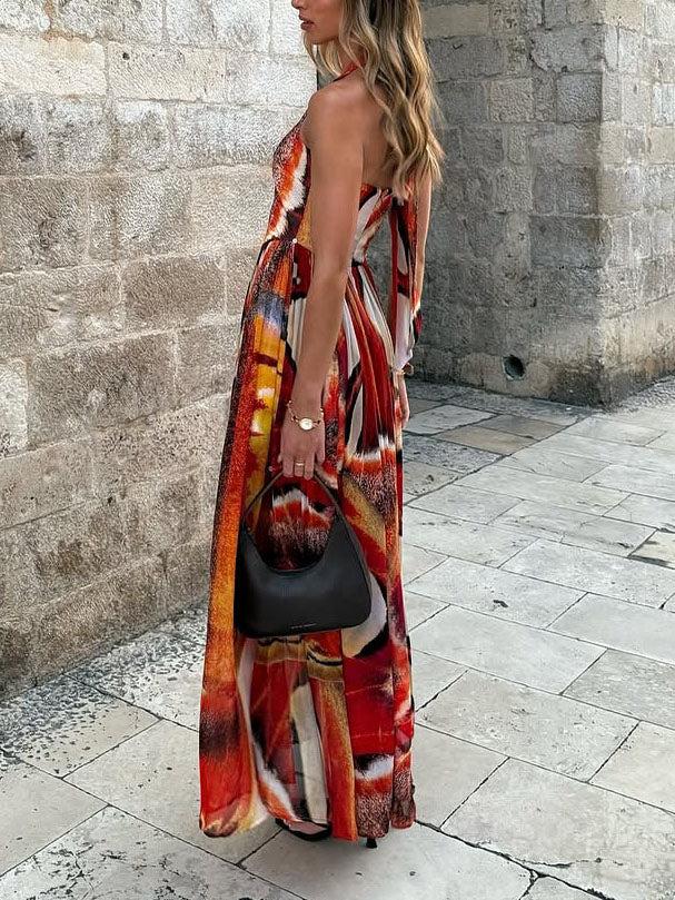 Aurohaya Unique Abstract Oil Painting Print Halter Neck Maxi Dress