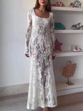 Aurohaya Exquisite Lace Square-neck Long-sleeved Maxi Dress