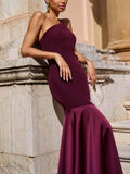 Aurohaya Elegant One-Shoulder Maroon Panel Mermaid Maxi Dress