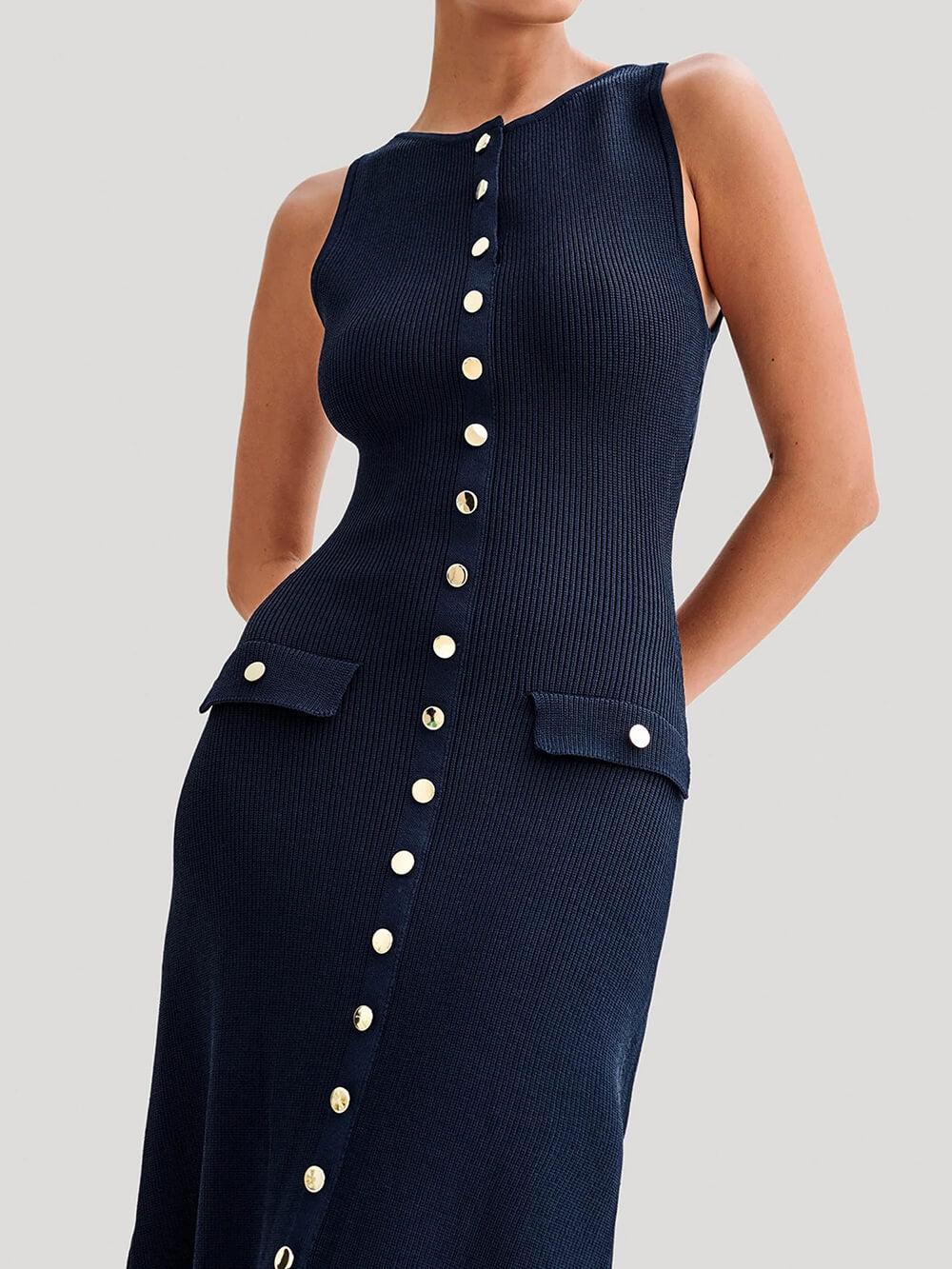 Aurohaya Elegant Crew Neck Buttoned Sleeveless Knit Midi Dress