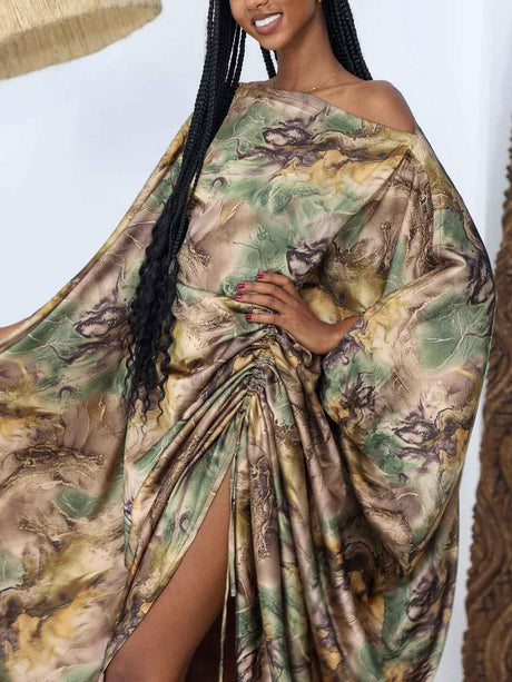 Aurohaya Elegant Satin Tie-dye Print Batwing Sleeve Maxi Dress