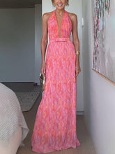 Aurohaya Elegant Halter V Neck Open Back Print Pleated Maxi Dress Pink