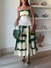 Aurohaya Elegant Printed Strapless Ribbed Bodycon Midi Dress Green