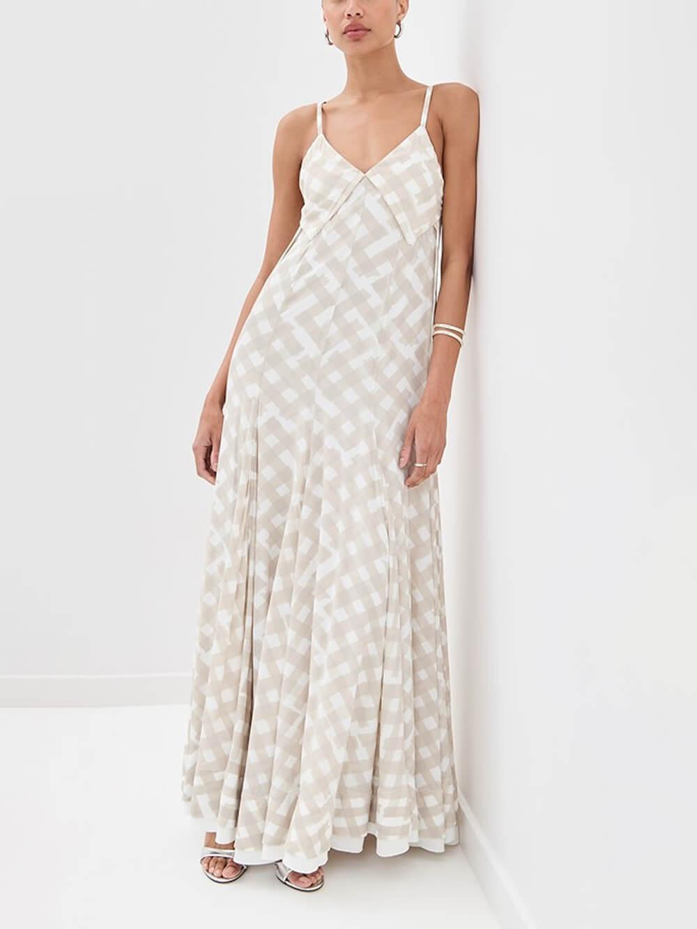 Aurohaya Elegant Plaid Print Pleated Crepe Maxi Dress