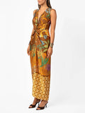 Delicate Floral Print V-Neck Twisted Draped Satin Maxi Dress
