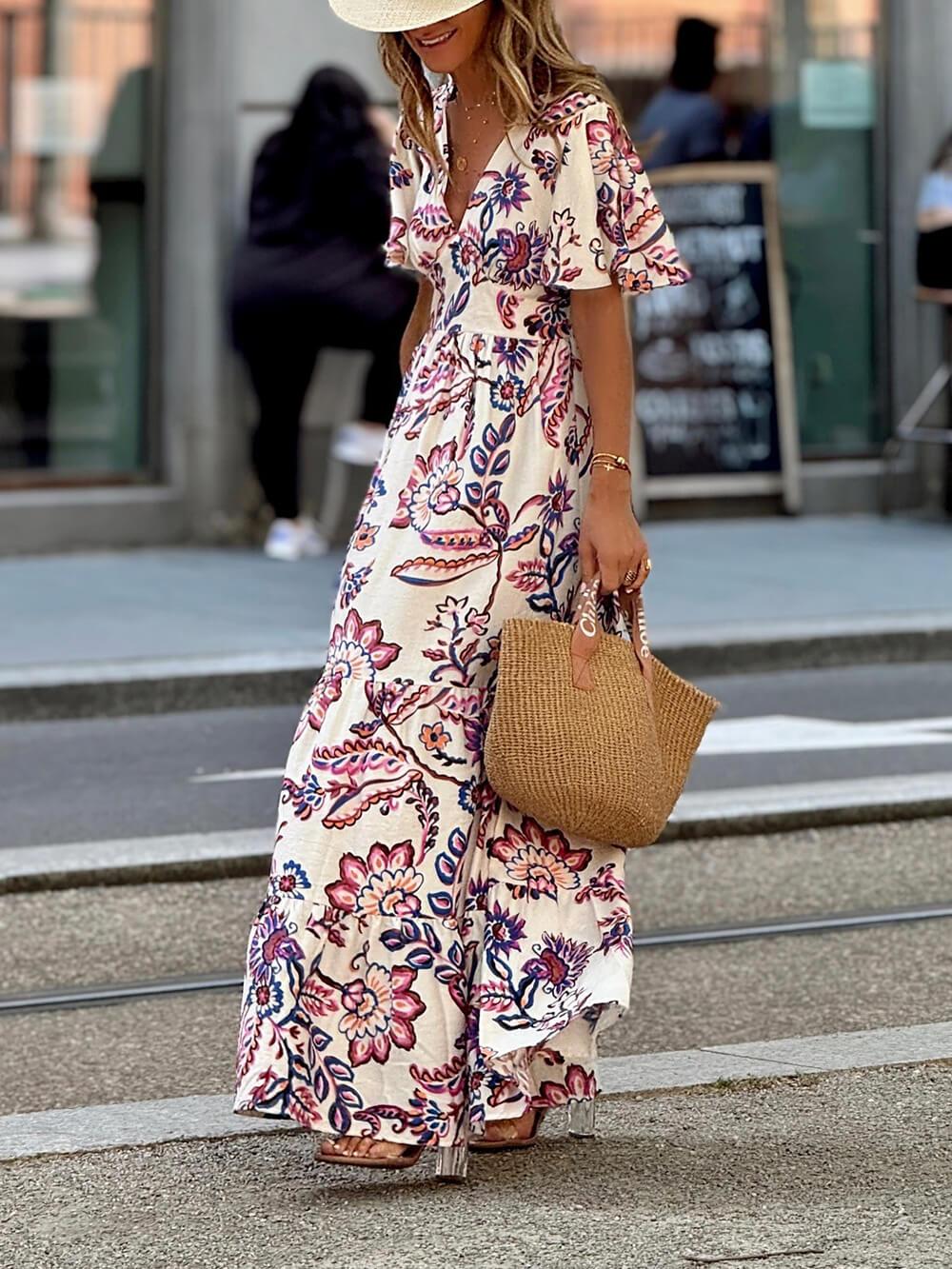 Aurohaya Elegant Floral Print A-Line Maxi Dress