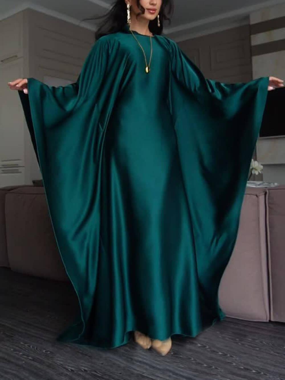 Aurohaya Elegant Satin Batwing Sleeve with Waist Tie Design Dignified A-line Maxi Dress Dark Green