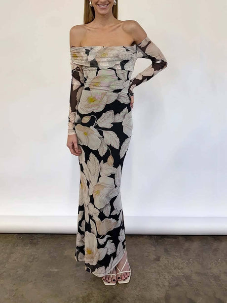 Aurohaya Elegant Floral Print Off-Shoulder Mesh Maxi Dress Black