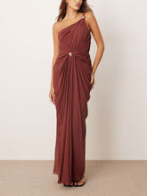 Elegant One-Shoulder Draped Twist Metal Trim Maxi Dress