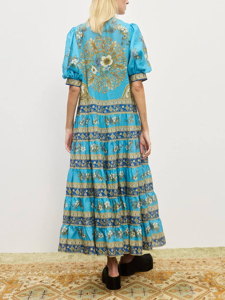 Aurohaya Unique Floral Print Puff Sleeve Tiered Shirt Maxi Dress