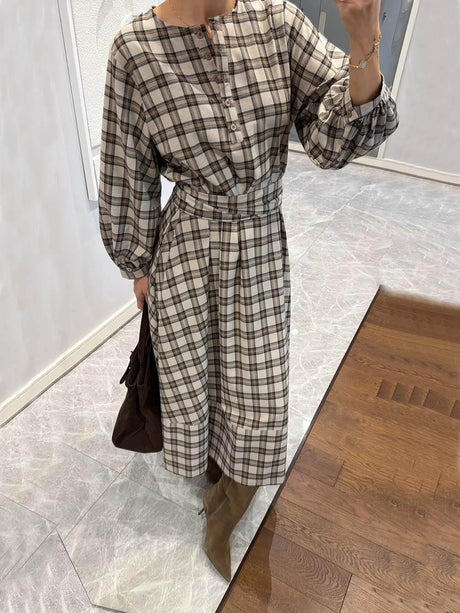 Aurohaya Retro Plaid Print Belted Midi Dress