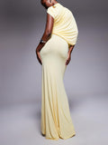 Exquisite One-Shoulder Draped Pleated Cape Maxi Dress