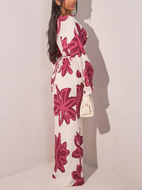 Aurohaya Elegant Floral Print Waist-Defined Maxi Dress