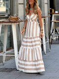 Summer Striped Print Patchwork Ruched Backless Maxi Dress