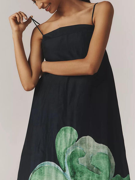 Aurohaya Delicate Strappy Backless Floral Linen Maxi Dress