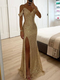 Elegant V-Neck Sequin Side-Slit Sleeveless Gown Maxi Dress