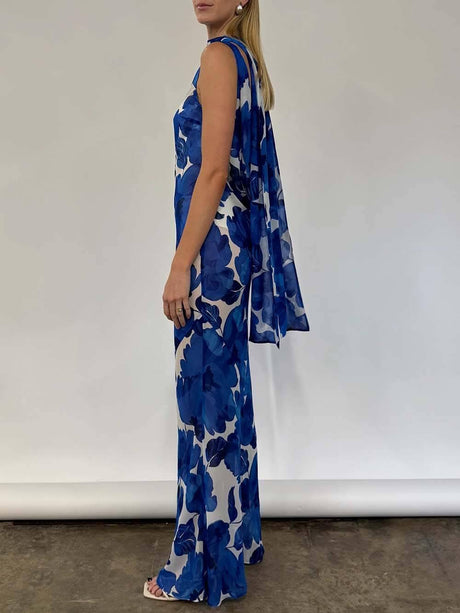 Aurohaya Elegant Floral Print Tie-Back Draped Open-Back Maxi Dress