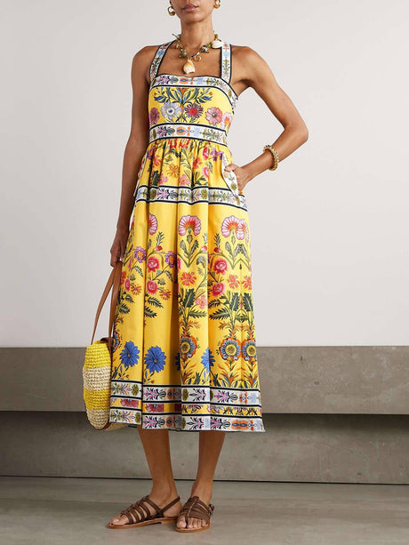 Aurohaya Unique Satin Floral Print Racerback With Pockets Midi Dress Yellow