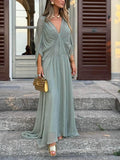 Aurohaya Beautifully Pleated Draped V-Neck Batwing Sleeve Maxi Dress