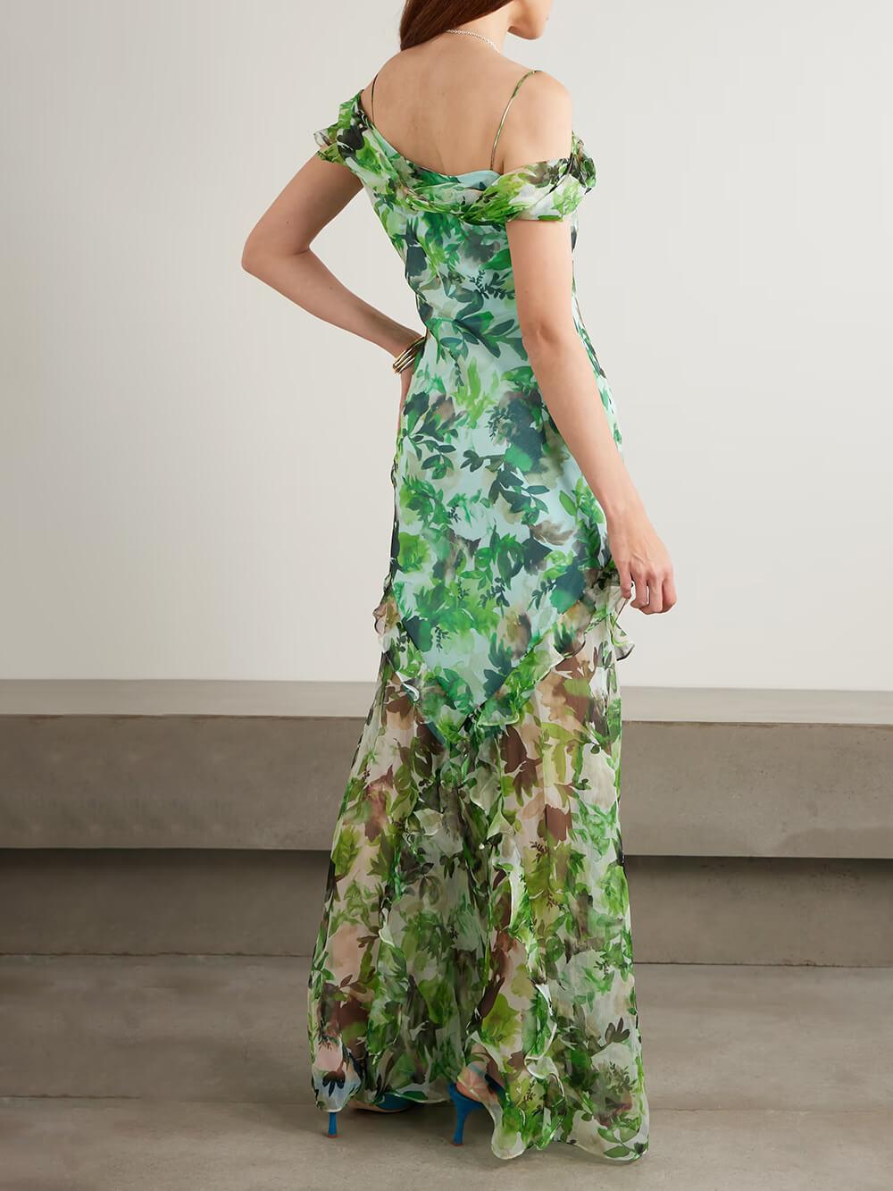 Aurohaya Exquisite Off-Shoulder Ruffle Floral Print Chiffon Maxi Dress