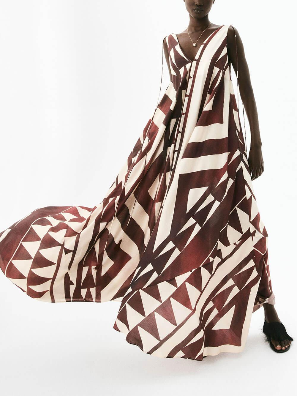 Aurohaya Casual V-Neck Printed Tie-Waist Loose Sleeveless Flowy Maxi Dress Rust Red