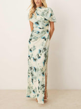 Aurohaya Exquisite Floral Print High Neck Cape Drape Bodycon Maxi Dress Green