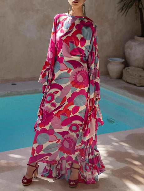 Aurohaya Exquisite Floral Print Pleated Batwing Sleeves Loose-Fitting Maxi Dress