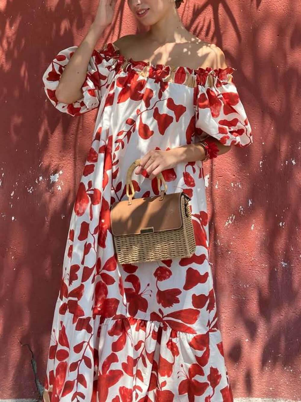 Aurohaya Casual Floral Print Off-Shoulder Puff Sleeve Maxi Dress