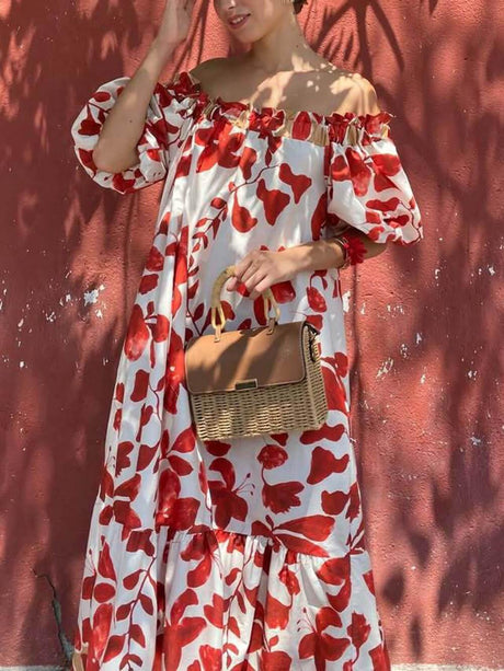 Aurohaya Casual Floral Print Off-Shoulder Puff Sleeve Maxi Dress
