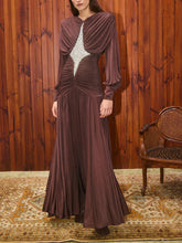 Aurohaya Elegant Sequin Panel Ruched Lantern-Sleeve Bodycon Maxi Dress Brown