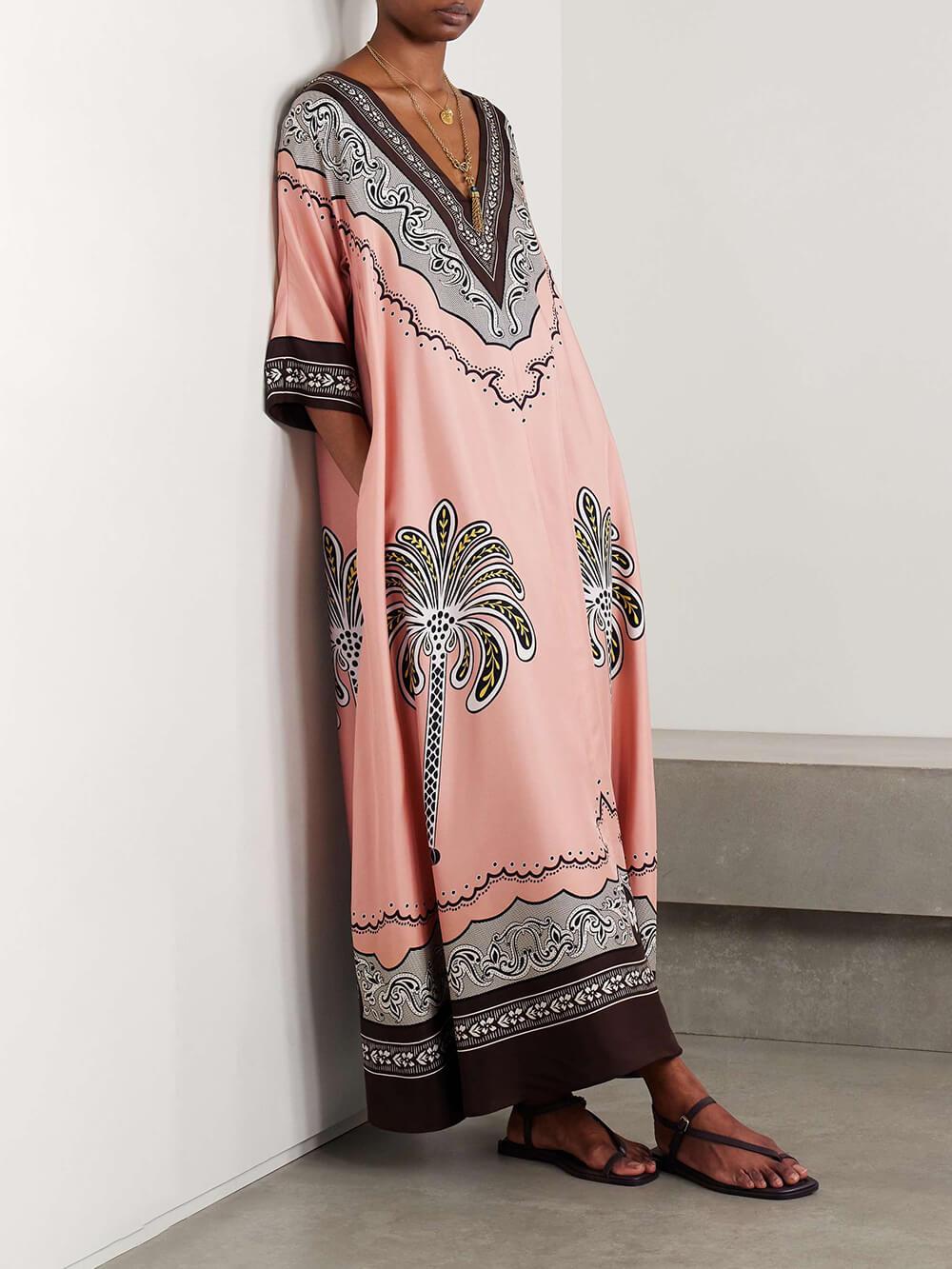 Aurohaya Unique Ethnic Oversized Printed Twill Maxi Dress Pink