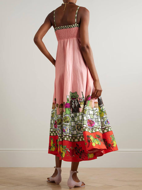 Aurohaya Unique Print Off-Shoulder Linen Midi Dress