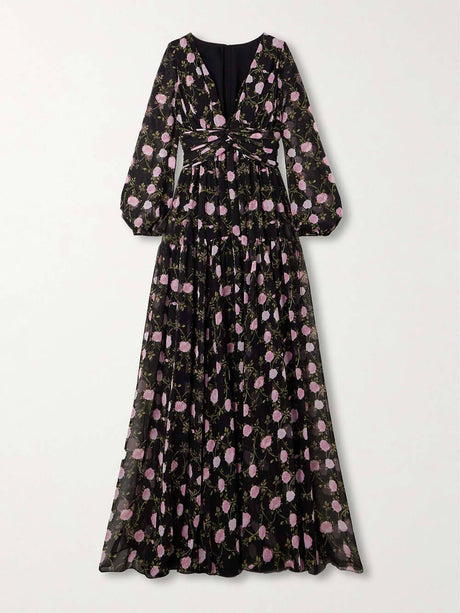 Aurohaya Romantic Exquisite Pleated Floral Print Chiffon Maxi Dress