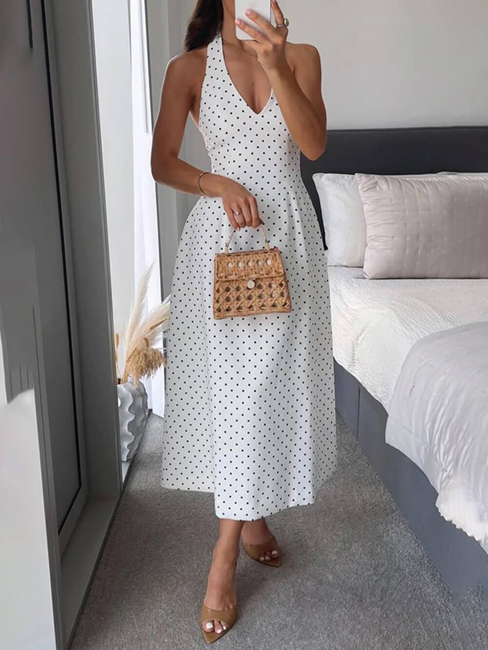Aurohaya Classic Polka Dot Print Backless Tie Midi Dress White