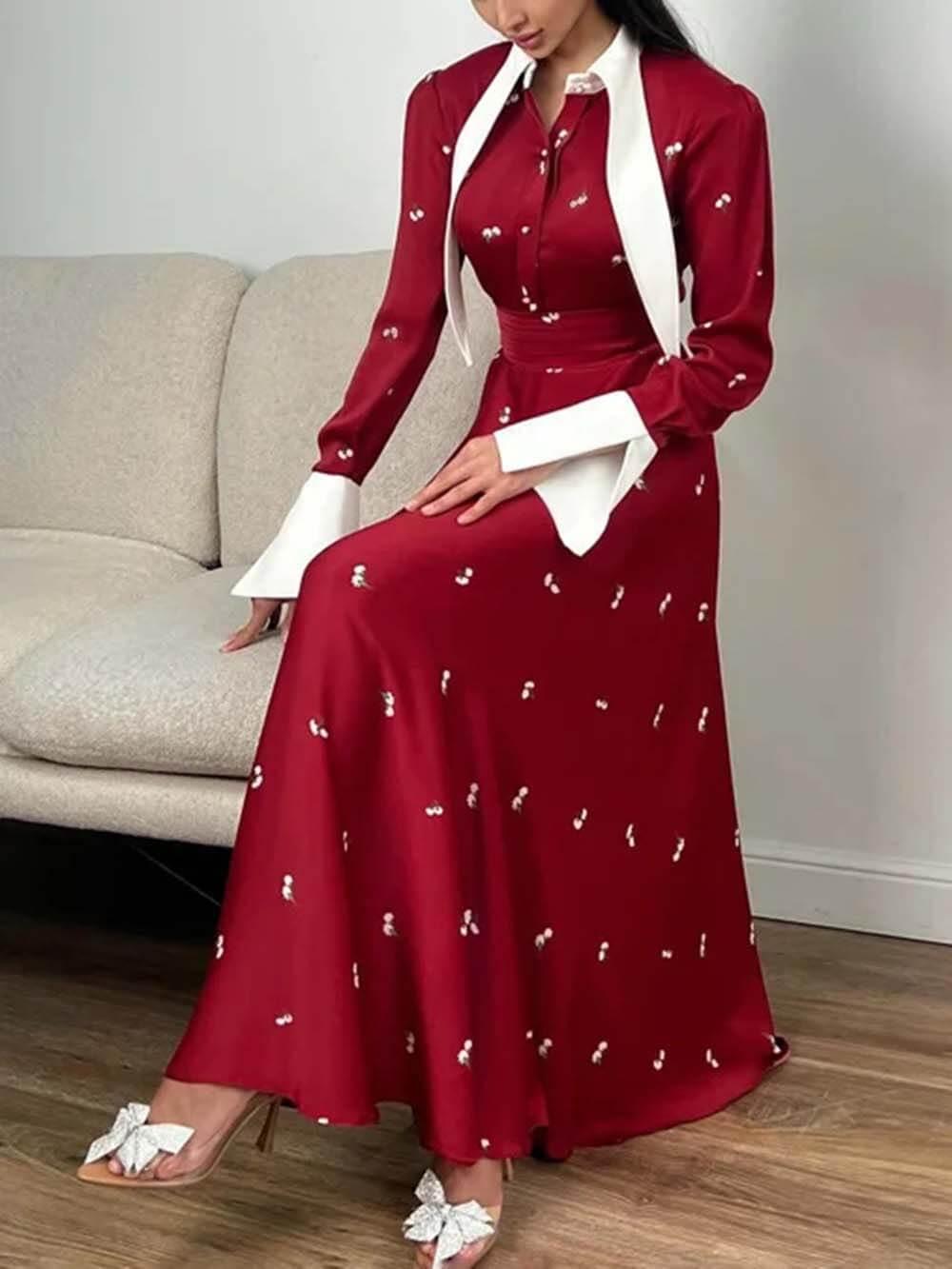 Aurohaya Elegant Patchwork Print Satin Dress