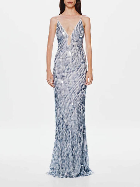 Aurohaya Elegant Sequined V-Neck Fitted Party Maxi Dress