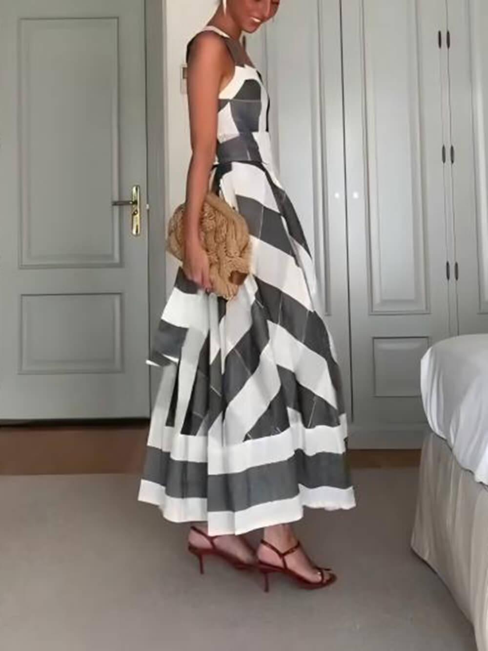 Aurohaya Classic Casual Plaid Print Pleated A-Line Maxi Dress