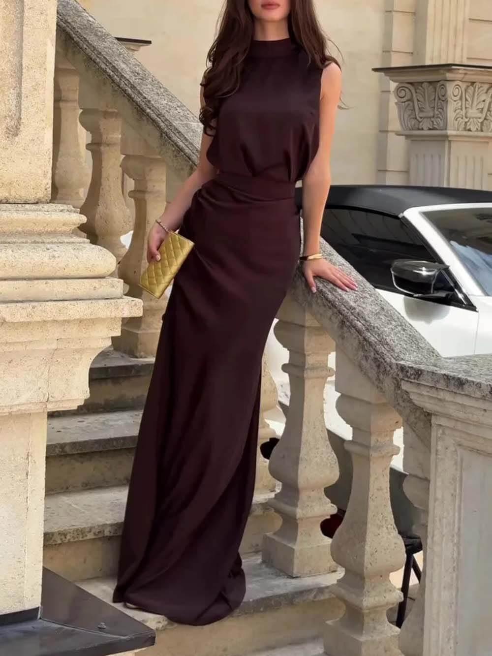Aurohaya Exquisite Chocolate Brown High-neck Sleeveless Maxi Dress