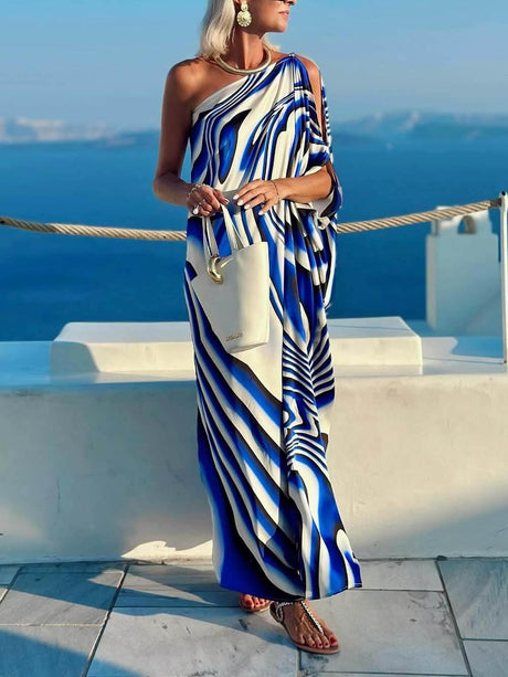 Aurohaya Unique Printed Cutout One-shoulder Holiday-style Loose Maxi Dress