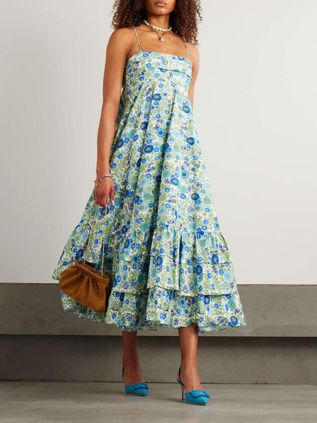 Aurohaya Delicate Layered Ruffled Floral Print Halter Midi Dress Blue